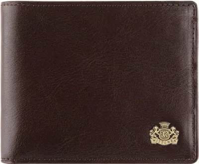 A close-up, front-facing view of a brown leather wallet.
