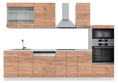 Immagine prodotto di Cucina componibile Vicco Fame-Line Rovere dorato/bianco 300 cm con armadio alto, PL Marmo, Model 42216