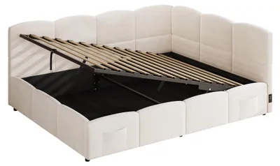 Produktbild von Flieks Hydraulisches Polsterbett 140x190cm mit Stauraum, Schlafsofa Tagesbett mit USB & Type-c, Stauraumbett Doppelbett, Samt, Beige