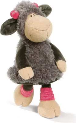 A plush toy sheep standing against a white background.