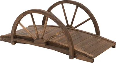 Produktbild von Outsunny Gartenbrücke aus Tannenholz, Holzbrücke mit Rad Design, Teichbrücke bis 150 kg belastbar, Zierbrücke Dekobrücke, Brücke für Garten Park Hinterhof 100 x 50 x 37 cm Verkohlt
