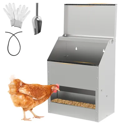 Image de Distributeur de nourriture pour poulets Peviasot, capacité 15 kg, en métal galvanisé, avec couvercle, pour une installation au sol ou au mur, livré avec une pelle, des gants et une protection de bord