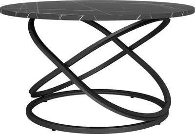A black marble-top coffee table with a black metal base.
