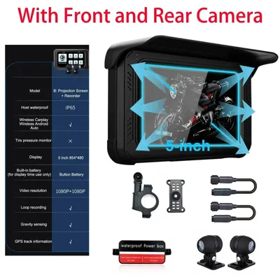 Obrázok produktu pre Navigačný systém pre motocykle – 5-palcový bezdrôtový displej Carplay s duálnou kamerou a monitorom tlaku v pneumatikách