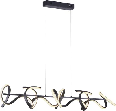 A modern black LED pendant light with a swirling design, suspended against a white background.