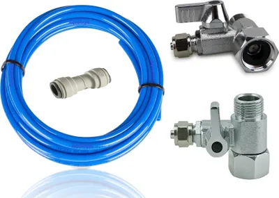 Produktbild von Sada pro připojení vody k chladničce Ventil 1/2, modrá hadice 5 m, spojka 1/4 - Pro připojení k vodnímu filtru - Univerzální sada pro připojení vody