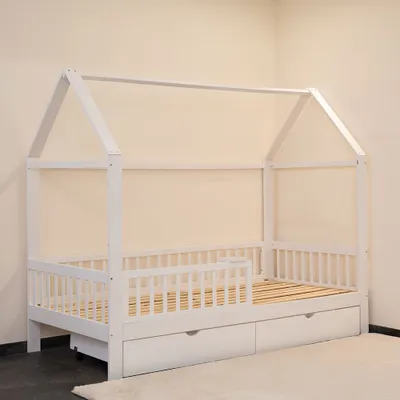 Produktbild von HOME DELUXE - Kinderbett STERNENLAND mit Schubladen - 90 x 200 cm, Farbe: Weiß, Kiefernholz, inkl. Rausfallschutz und Tonieboxhalterung I Kinderbettchen Jugendbett Babybett
