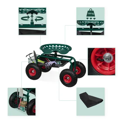 Produktbild von Relaxdays fahrbarer Gartensitz, höhenverstellbar, 150 kg, Stauraum, Rollsitz für Gartenarbeit, Stahl, Luftreifen, grün