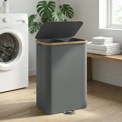 Produktbild von SONGMICS Wäschekorb mit Deckel, Wäschesammler, Wäschesortierer, Wäschesack herausnehmbar, 2 Fächer, 150 Liter, grau