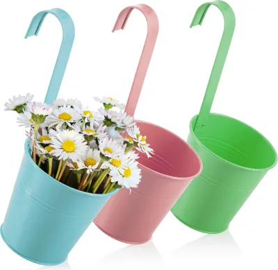 Three hanging planters in pastel colors, filled with daisies, are displayed against a white background.