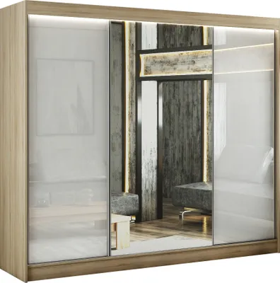 Produktbild von ALTDECOR Kleiderschrank mit Spiegel und Schiebetüren, kugelgelagerte Führungsschienen und Aluminium-Leisten - VESLI - 250 cm Sonoma / Lacobel Weiß