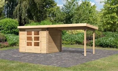 Produktbild von Gartenhaus Blockbohlenhaus Gerätehaus Bastrup 3 im Set mit Anbaudach 3 m breit naturbelassen 579x237x217 cm