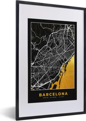 Produktbild von MuchoWow® Gerahmtes Poster Barcelona - Stadtplan - Gold - Karte 40x60 cm - Poster mit Schwarzem Bilderrahmen Wandposter Rahmen Foto Bilder - Poster in Rahmen