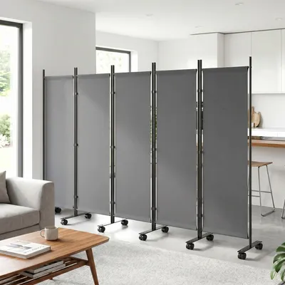 Produktbild von Raumteiler 5-teilig klappbar freistehend, Paravent Trennwand, Stahl Polyester, Dunkelgrau | 252 x 170 cm | 12 Rollen | DIY-Konfigurierbar