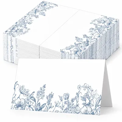 Productafbeelding van Tafelkaarten - Met blauw bloemenmotief - Geschikt voor bruiloften en feestelijke gelegenheden - 100 stuks