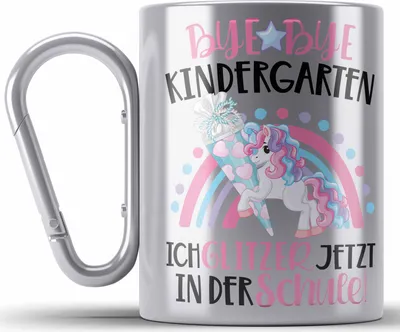 Produktbild von Trendation - Schulkind 2022 Einhorn Einschulung Mädchen Geschenk Edelstahl Tasse Karabiner Schulstart 1. Schultag Schuleinführung Schulanfang Geschenkidee 2022 Schulkind Pferde Grafik (Silber)