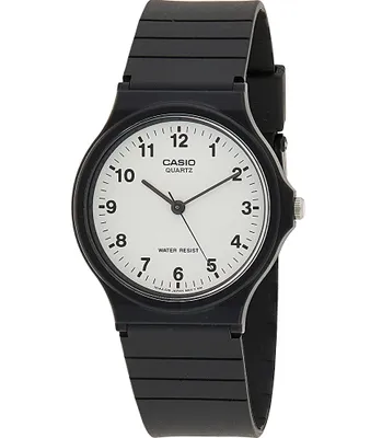 A black Casio analog watch with a white face is shown against a white background.