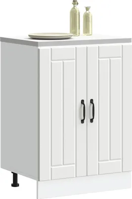 A white kitchen cabinet with two doors and black handles, placed on a white background. Two bottles and a plate are on top of the cabinet.