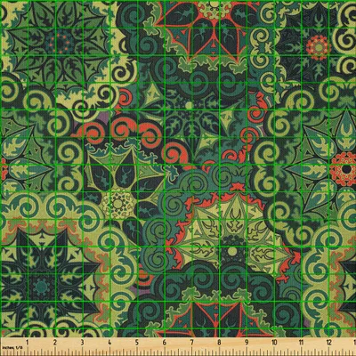 Produktbild von ABAKUHAUS Mandala Microfaser Stoff als Meterware , Überschneidungs-Retro antike runde Blumen-gebürtige afrikanische Kultur, 10 M (230 x 1000 cm), Hellgrün Dunkelgrün