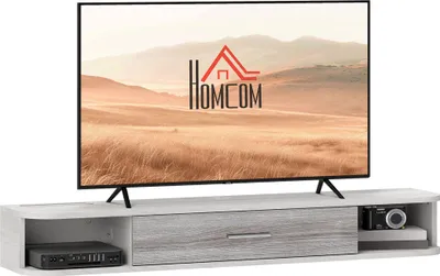 Produktbild von HOMCOM TV-Schrank zur Wandmontage mit 2 offenen Regalen und Flügeltürenschrank, TV-Ständer aus Holz, 120x26x16 cm, Weiß und Grau