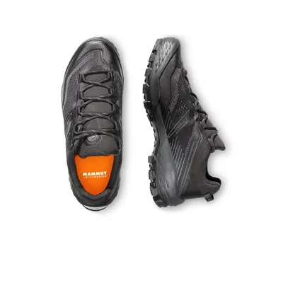 Ducan II Low GTX Damen Trailrunning-Schuhe von Mammut in Schwarz mit orangefarbener Innensohle.