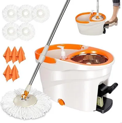 Produktbild von Unyqoos® Wischmopp-Set mit Pedal & Eimer, 360° drehbarer Moppkopf, 5 Mikrofaserpads + 5 Reinigungstücher, Teleskopstiel bis 145 cm, selbstreinigend