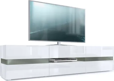 Produktbild von Vladon Lowboard Flow, Germany, TV-Kommode mit Ambient Light Verglasung mit 2 Türen, 1 Schublade und 1 Klappe, Weiß Hochglanz/Weiß Hochglanz (177 x 45 x 39 cm)