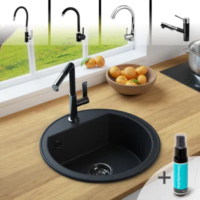 A collage of kitchen faucets and a sink, with a bowl of fruit and a cleaning spray bottle.