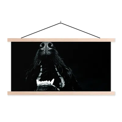 Produktbild von MuchoWow® Textilposter Tierprofil Hund mit offenem Maul in schwarz und weiß 60x30 cm mit holzfarbenen Rahmen - Dekoration