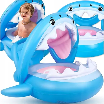 Produktbild von Kinder Schwimmring mit Sonnendach & Sitz Hai – Aufblasbares Baby-Boot mit Beinausschnitten – UV-Schutz Schwimmhilfe bis 23kg – Badespaß für Kleinkinde
