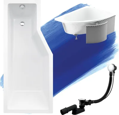 Image de Baignoire d'angle 170x75 gauche avec revêtement en polystyrène, écoulement & pieds S | Set complet 4en1 baignoire originale acrylique siphon | BADLAND INTEGRA