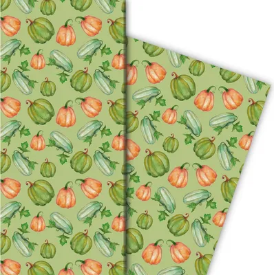 Produktbild von Handgemaltes Geschenkpapier mit Kürbissen nicht nur zu Halloween, grün - G8215, 32 x 48cm