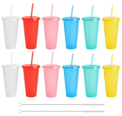 12 Trinkbecher 710 ml mit Deckel & Strohhalm, wiederverwendbar