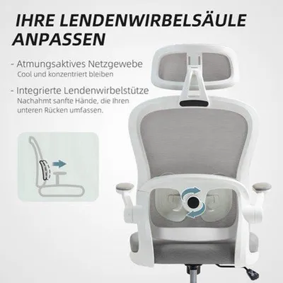 Zdjęcie produktu dla Ergonomiczne krzesło biurowe, szare - oparcie z siatki - regulowana wysokość - składane podłokietniki - 5 kółek - idealne do biura i pracy w domu