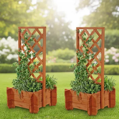 Produktbild von Melko Pflanzkübel mit Rankgitter Blumenkasten Spalier Holz Pergola - Braun 2er Set