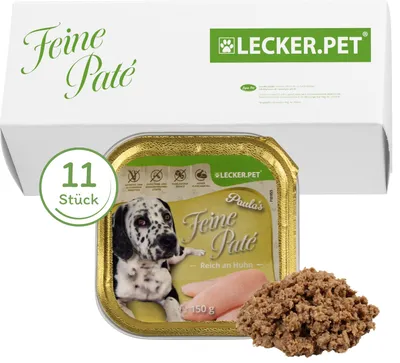 Produktbild von 11 x 150 g Lecker.Pet® Paula's Feine Paté Reich an Huhn Hundefutter Nassfutter Vollnahrung
