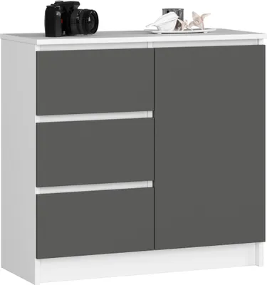Produktbild von Komoda AKORD JERRY Biała 80 cm 1 drzwi 3 szuflady kolor Grafit Szary mat 2 półki 80x35x77 cm