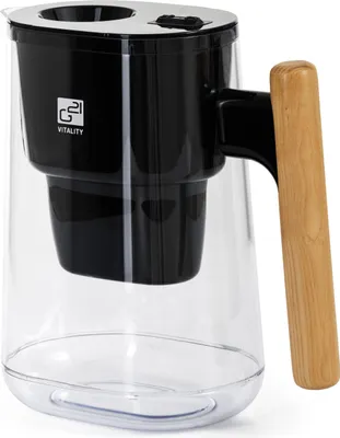 A water filter pitcher with a black filter housing and a wooden handle, set against a white background.