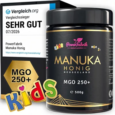 Produktbild von Manuka Honig Kinder | MGO 250+ | 500g | HALAL | Das ORIGINAL aus NEUSEELAND | Manuka Kids | PUR, ROH & | 100% natürlich | PowerFabrik, KI-generiertes Bild