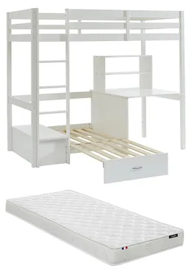 Produktbild von Zwischengeschossbett 90 x 200 cm mit Schreibtisch, Schlafsofa und Staufächern - Kiefernholz - gebleicht + Matratze - GOLIATH III