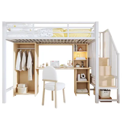 Produktbild von Hochbett mit Schreibtisch, Bücherregal, Kleiderschrank und Rausfallschutz, 90x200cm, Treppe mit Regal, Kinderbett, Metallbett