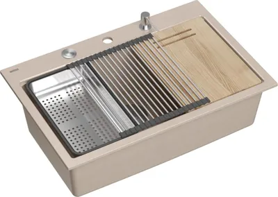 Obrázok produktu pre QUADRON Drez 1-drezový drez | Rozmery: 76 x 50 x 23,5 cm | MARC 110 | Granitový drez z GraniteQ so sifónom + dávkovačom + doskou |  Béžová/oceľ