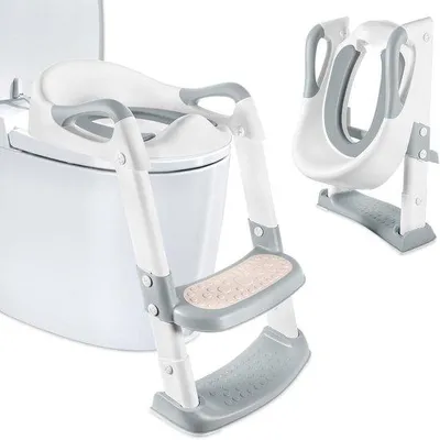 Imagen del producto de Reductor de inodoro para niños, con altura ajustable, color gris y blanco, con cojín suave