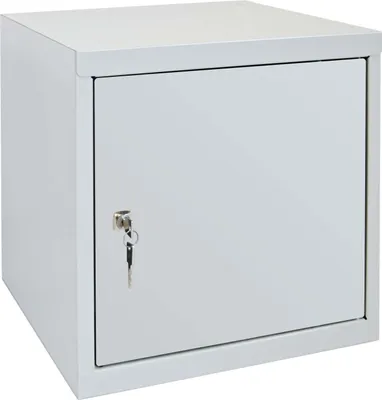 A light gray metal storage cube with a single door and a key lock.