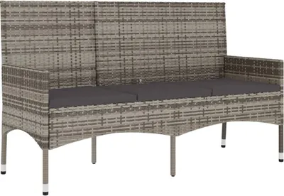 A three-seater garden bench with cushions, made of poly rattan, on a white background.