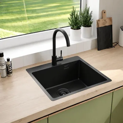 Produktbild von Faizee Home Steelcore Edelstahlspüle 55 x 50 cm Küchenspüle 17 cm tief mit Siphon wahlweise mit passender Armatur Schwarz Ohne Armatur