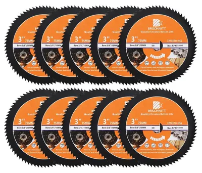 Obrázok produktu pre Pílový kotúč HSS, 75 mm, 72 zubov, priemer otvoru 10 mm, určený na rezanie dreva, kovu a plastu (balenie po 10 kusov)