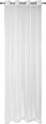 A white sheer curtain hanging from a curtain rod.