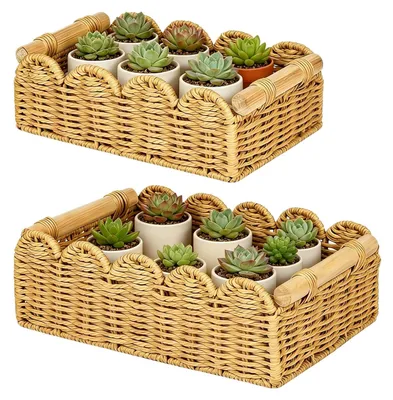 Zdjęcie produktu dla Plecione kosze do przechowywania z drewnianymi uchwytami, zestaw 2 sztuk