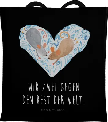 Produktbild von Mr. & Mrs. Panda Tote Bag Mäuse Herz - Schwarz - Geschenk, Jutetasche, Love, Hochzeit, Büchertasche, Shopping Tasche, Freundin, Laptoptasche, Liebesspruch, für Immer